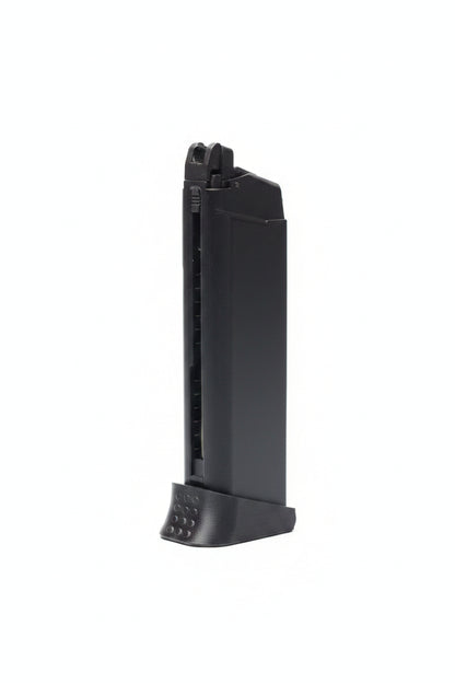 Black 3D printed baseplate for Glock-style airsoft magazine.