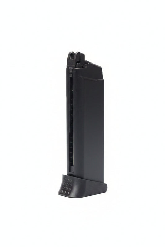 Black 3D printed baseplate for Glock-style airsoft magazine.